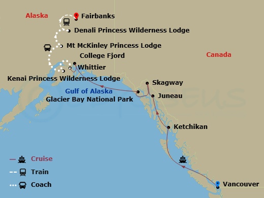 14 Night - Denali Explorer - Tour Pa7 - Coral Princess Tours - Starting in Vancouver, Canada, Ketchikan, Alaska, Juneau, Alaska, Skagway, Alaska, Hubbard Glacier (Scenic Cruising), Alaska, College Fjord (Scenic Cruising), Alaska, Anchorage (Whittier), Alaska, Kenai Princess Wilderness Lodge, Mount Mckinley Princess Wilderness Lodge, Denali Princess Wilderness Lodge, Fairbanks itinerary map
