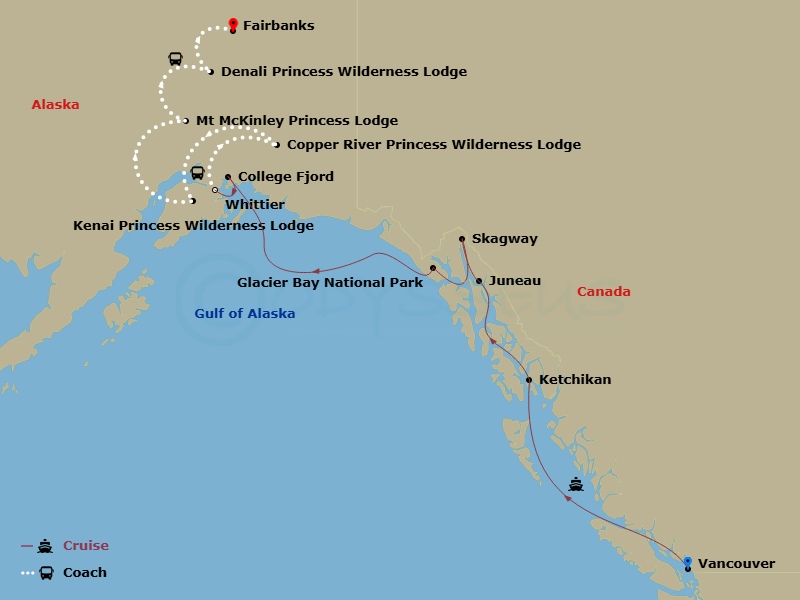 15 Night - Denali Explorer - Tour Qa8 - Coral Princess Tours - Starting in Vancouver, Canada, Ketchikan, Alaska, Juneau, Alaska, Skagway, Alaska, Glacier Bay National Park (Scenic Cruising), Alaska, College Fjord (Scenic Cruising), Alaska, Anchorage (Whittier), Alaska, Copper River Princess Wilderness Lodge, Kenai Princess Wilderness Lodge, Mount Mckinley Princess Wilderness Lodge, Denali Princess Wilderness Lodge, Fairbanks itinerary map