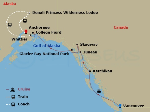 10 Night - Denali Explorer - Tour Da3 - Coral Princess Tours - Starting in Vancouver, Canada, Ketchikan, Alaska, Juneau, Alaska, Skagway, Alaska, Hubbard Glacier (Scenic Cruising), Alaska, College Fjord (Scenic Cruising), Alaska, Anchorage (Whittier), Alaska, Denali Princess Wilderness Lodge, Anchorage itinerary map