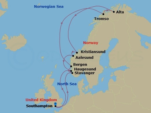 12 Night - Europe - Norwegian Fjords - Norwegian Star - Starting in London (Southampton), United Kingdom, Stavanger, Norway, Bergen, Norway, Tromso, Norway, Alta, Norway, Kristiansund, Norway, Alesund, Norway, Haugesund, Norway, London (Southampton), United Kingdom itinerary map