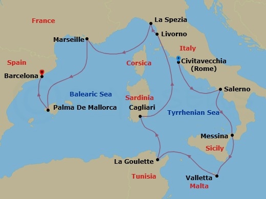 11 Night - Europe - Western Mediterranean - Rome - Norwegian Dawn - Starting in Civitavecchia Rome, Italy, Amalfi Coast (Salerno), Italy, Messina, Italy, Valletta, Malta, La Goulette, Tunisia, Cagliari / Sardinia, Italy, Livorno / Florence / Pisa, Italy, La Spezia, Italy, Provence, Marseille, France, Palma Majorca, Spain, Barcelona, Spain itinerary map