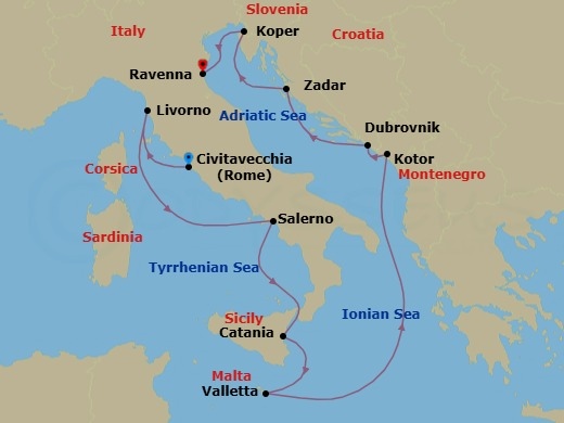 11 Night - Europe - Western Mediterranean - Rome - Norwegian Dawn - Starting in Civitavecchia Rome, Italy, Livorno / Florence / Pisa, Italy, Amalfi Coast (Salerno), Italy, Catania, Italy, Valletta, Malta, Kotor, Montenegro, Dubrovnik, Croatia, Zadar, Croatia, Koper, Slovenia, Venice (Ravenna), Italy itinerary map
