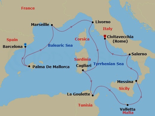 10 Night - Europe - Western Mediterranean - Barcelona - Norwegian Dawn - Starting in Barcelona, Spain, Palma Majorca, Spain, Provence, Marseille, France, Livorno / Florence / Pisa, Italy, Cagliari / Sardinia, Italy, La Goulette, Tunisia, Valletta, Malta, Messina, Italy, Amalfi Coast (Salerno), Italy, Civitavecchia Rome, Italy itinerary map