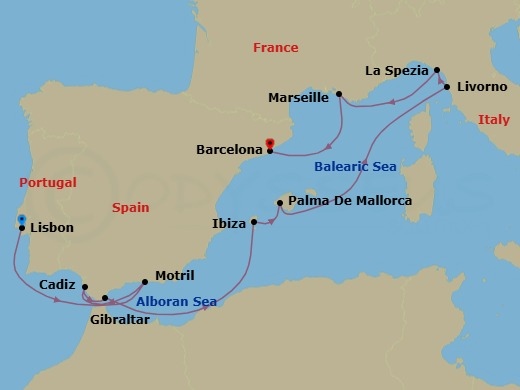 11 Night - Europe - France & Iberia - Norwegian Dawn - Starting in Lisbon, Portugal, Motril, Spain, Cadiz / Seville, Spain, Gibraltar, Ibiza, Spain, Palma Majorca, Spain, Livorno / Florence / Pisa, Italy, La Spezia, Italy, Provence, Marseille, France, Barcelona, Spain itinerary map