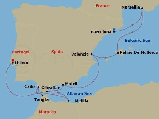 10 Night - Europe - Western Mediterranean - Barcelona - Norwegian Dawn - Starting in Barcelona, Spain, Provence, Marseille, France, Palma Majorca, Spain, Valencia, Spain, Motril, Spain, Gibraltar, Melilla, Spain, Cadiz / Seville, Spain, Tangier, Morocco, Lisbon, Portugal itinerary map