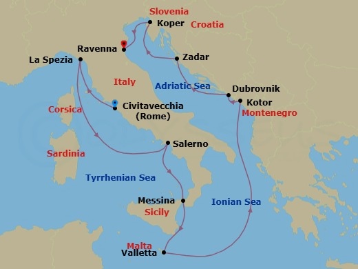 11 Night - Europe - Western Mediterranean - Rome - Norwegian Dawn - Starting in Civitavecchia Rome, Italy, La Spezia, Italy, Amalfi Coast (Salerno), Italy, Messina, Italy, Valletta, Malta, Kotor, Montenegro, Dubrovnik, Croatia, Zadar, Croatia, Koper, Slovenia, Venice (Ravenna), Italy itinerary map