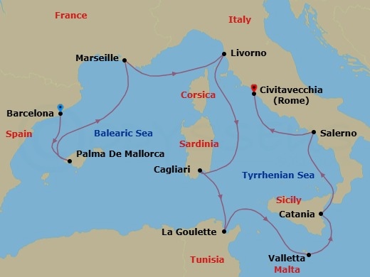 10 Night - Europe - Western Mediterranean - Barcelona - Norwegian Dawn - Starting in Barcelona, Spain, Palma Majorca, Spain, Provence, Marseille, France, Livorno / Florence / Pisa, Italy, Cagliari / Sardinia, Italy, La Goulette, Tunisia, Valletta, Malta, Catania, Italy, Amalfi Coast (Salerno), Italy, Civitavecchia Rome, Italy itinerary map