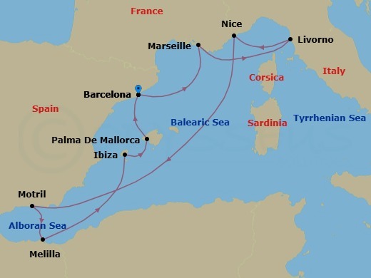 9 Night - Europe - Western Mediterranean - Barcelona - Norwegian Dawn - Starting in Barcelona, Spain, Provence, Marseille, France, Livorno / Florence / Pisa, Italy, Nice / Monaco (Villefranche), France, Motril, Spain, Melilla, Spain, Ibiza, Spain, Palma Majorca, Spain, Barcelona, Spain itinerary map