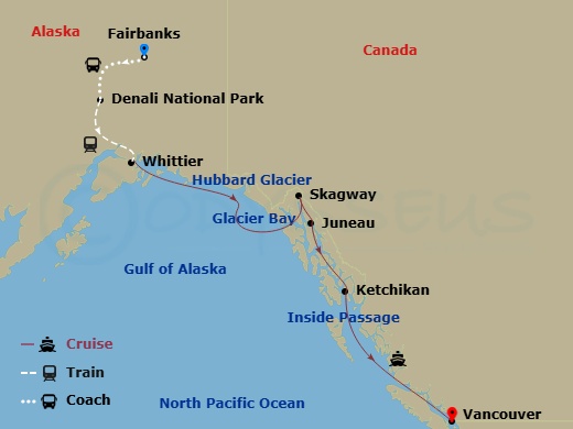 10 Night - Signature Denali D0l - Tour D0l - Westerdam Tours - Starting in Fairbanks, Denali National Park, Whittier, Alaska, Cruising Hubbard Glacier, Scenic cruising Endicott Arm / Dawes Glacier, Skagway, Alaska, Juneau, Alaska, Ketchikan, Alaska, Scenic Cruising the Inside Passage, Vancouver, BC, CA itinerary map