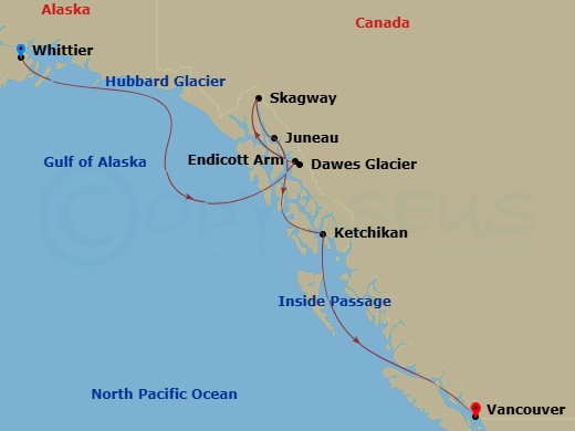 7 Night - Glacier Discovery Southbound - Westerdam - Starting in Whittier, Alaska, Cruising Hubbard Glacier, Scenic cruising Endicott Arm / Dawes Glacier, Skagway, Alaska, Juneau, Alaska, Ketchikan, Alaska, Scenic Cruising the Inside Passage, Vancouver, BC, CA itinerary map