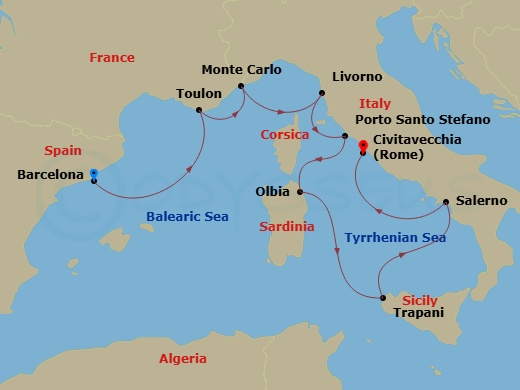 9 Night - Europe & Mediterranean - Crystal Serenity - Starting in Barcelona, Toulon, Monte Carlo, Livorno (Tuscany), Porto Santo Stefano, Olbia (Sardinia), Trapani, Salerno, Civitavecchia (Rome) itinerary map