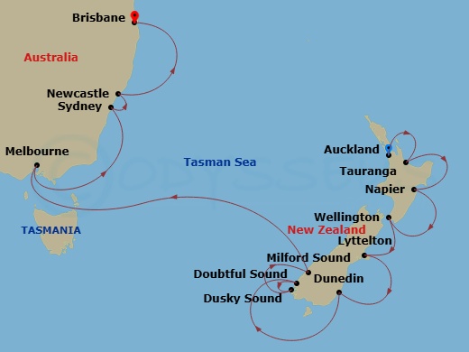 15 Night - Australia & New Zealand - Crystal Serenity - Starting in Auckland, Tauranga, Napier, Wellington, Lyttelton (Christchurch), Port Chalmers (Dunedin), Cruising Dusky Sound, Cruising Doubtful Sound, Cruising Milford Sound, Melbourne, Sydney AU, Newcastle AU, Brisbane itinerary map