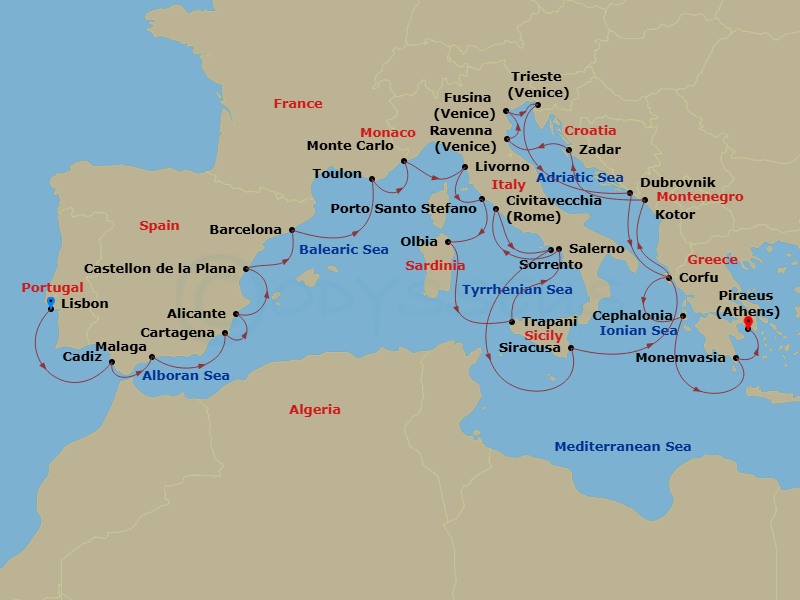 32 Night - Europe & Mediterranean - Crystal Serenity - Starting in Lisbon, Cadiz, Malaga (Costa del Sol), Cartagena ES, Spain, Alicante, Castellon, Barcelona, Toulon, Monte Carlo, Livorno (Tuscany), Porto Santo Stefano, Olbia (Sardinia), Trapani, Salerno, Civitavecchia (Rome), Sorrento, Siracusa (Sicily), Corfu, Kotor, Zadar, Ravenna, Fusina (Venice), Trieste, Dubrovnik, Croatia, Corfu, Argostoli (Cephalonia), Monemvasia (Laconia), Athens (Piraeus) itinerary map