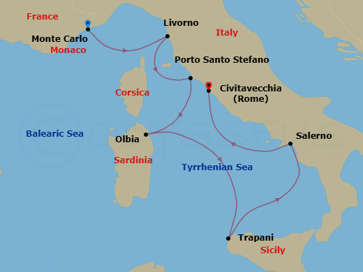 6 Night - Europe & Mediterranean - Crystal Serenity - Starting in Monte Carlo, Livorno (Tuscany), Porto Santo Stefano, Olbia (Sardinia), Trapani, Salerno, Civitavecchia (Rome) itinerary map