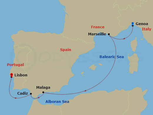 5 Night - Mediterranean - MSC Opera - Starting in Genoa (Portofino), Italy, Marseille (Provence), France, Malaga (Granada), Spain, Cadiz (Seville), Spain, Lisbon (Cascais), Portugal itinerary map