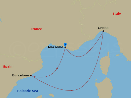 4 Night - Mediterranean - MSC Splendida - Starting in Marseille (Provence), France, Barcelona, Spain, Genoa (Portofino), Italy, Marseille (Provence), France itinerary map