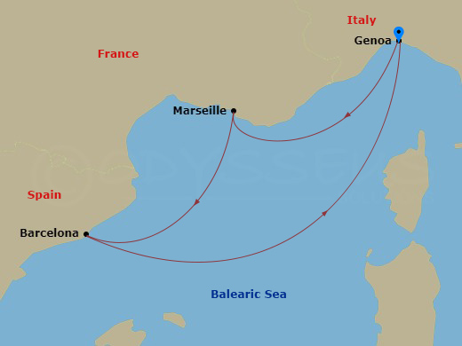 4 Night - Mediterranean - MSC Splendida - Starting in Genoa (Portofino), Italy, Marseille (Provence), France, Barcelona, Spain, Genoa (Portofino), Italy itinerary map