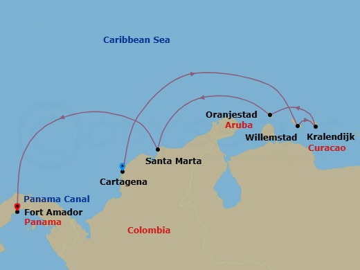 8 Night - The Americas & Caribbean - Crystal Serenity - Starting in Cartagena CO, Willemstad AN, Kralendijk, Oranjestad, Aruba, Santa Marta, Panama Canal Transit, Fuerte Amador (Panama City) itinerary map