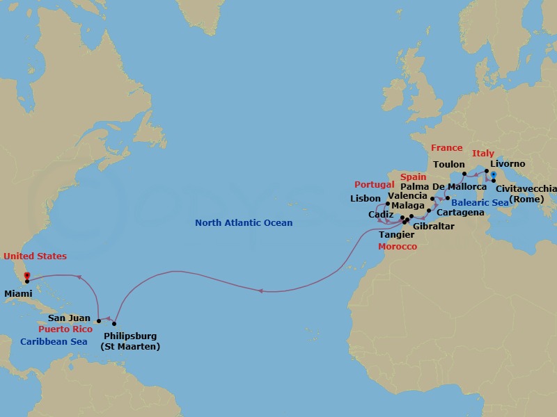 27 Night - Southern Europe from Rome (Civitavecchia) to Miami - Silver Nova - Starting in Civitavecchia, Livorno, Toulon, Palma De Mallorca, Valencia, Cartagena ES, Malaga, Cadiz, Tangier, Lisbon, Gibraltar, Philipsburg, San Juan, Miami itinerary map