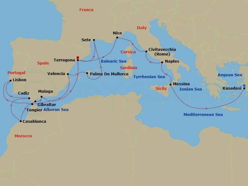 21 Night - Grand Mediterranean Discovery - Celestyal Discovery - Starting in Kusadasi, Messina, Italy, Napoli, Italy, Civitavecchia, Italy, Nice, France, Tarragona, Spain, Malaga, Spain, Gibraltar, Casablanca, Morocco, Cadiz, Spain, Lisbon, Portugal, Tangier, Morocco, Valencia, Spain, Palma De Mallorca, Spain, Sete, France, Tarragona, Spain itinerary map