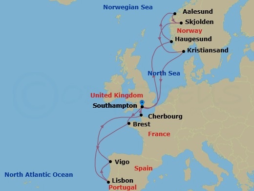 14 Night - Northern Europe - MSC Meraviglia - Starting in Southampton (London), United Kingdom, Brest, France, Lisbon (Cascais), Portugal, Vigo (Santiago De Compostela), Spain, Cherbourg (Mont Saint-Michel), France, Southampton (London), United Kingdom, Haugesund, Norway, Alesund, Norway, Skjolden, Norway, Kristiansand, Norway, Southampton (London), United Kingdom itinerary map