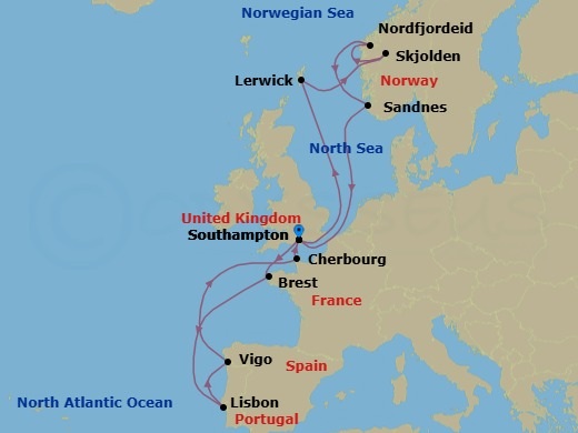 14 Night - Northern Europe - MSC Meraviglia - Starting in Southampton (London), United Kingdom, Brest, France, Lisbon (Cascais), Portugal, Vigo (Santiago De Compostela), Spain, Cherbourg (Mont Saint-Michel), France, Southampton (London), United Kingdom, Lerwick (Shetland Islands), United Kingdom, Skjolden, Norway, Nordfjordeid, Norway, Sandnes, Norway, Southampton (London), United Kingdom itinerary map