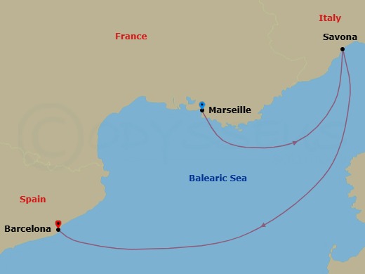 3 Night - Western Mediterranean from Marseille to Barcelona - Costa Diadema - Starting in Marseille, France, Savona, Italy, Barcelona, Spain itinerary map