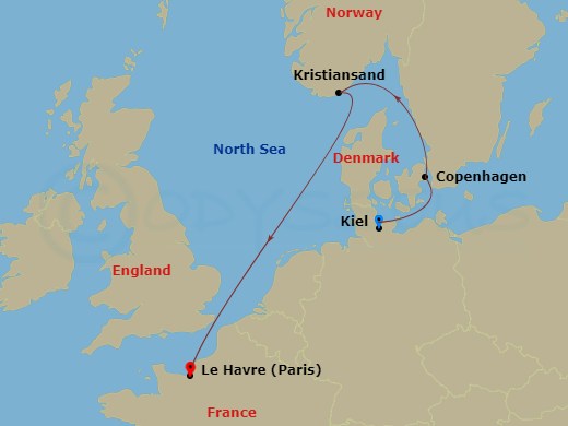 4 Night - Norway from Kiel to Le Havre - Costa Diadema - Starting in Kiel, Germany, Copenhagen, Denmark, Kristiansand, Norway, Le Havre, France itinerary map