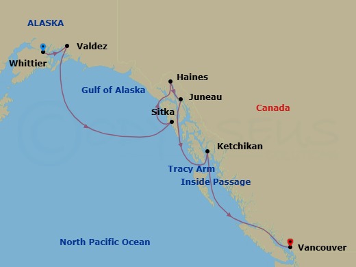 9 Night - Whittier / Vancouver - Luminara - Starting in Whittier, Valdez, Sitka, Haines, Juneau, Sailing by the Tracy Arm Glacier, Ketchikan, Vancouver itinerary map