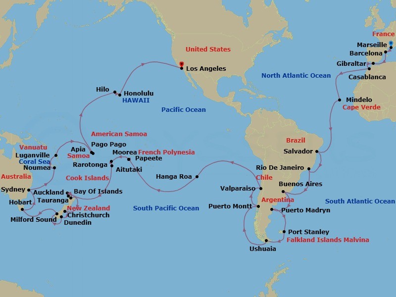 91 Night - Msc World Cruise - MSC Magnifica - Starting in Marseille (Provence), France, Barcelona, Spain, Gibraltar, Casablanca (Marrakesh), Morocco, Mindelo, Cape Verde, Salvador, Brazil, Rio De Janeiro, Brazil, Buenos Aires, Argentina, Puerto Madryn, Argentina, Port Stanley, Falkland Islands, Ushuaia, Argentina, Puerto Montt, Chile, Valparaiso, Chile, Hanga Roa (Rapa Nui), Chile, Bounty Bay Passage, Pitcairn, Papeete Tahiti, Moorea, French Polynesia, Aitutaki, Cook Islands, Rarotonga, Cook Islands, Bay of Islands, New Zealand, Auckland, New Zealand, Tauranga, New Zealand, Christchurch, New Zealand, Dunedin, New Zealand, Cruising Milford Sound, New Zealand, Hobart (Tasmania), Australia, Sydney AU, Australia, Noumea, New Caledonia, Luganville, Vanuatu, Apia, Western Samoa, Pago Pago, American Samoa, Honolulu, Hawaii, Hilo, Hawaii, Los Angeles itinerary map
