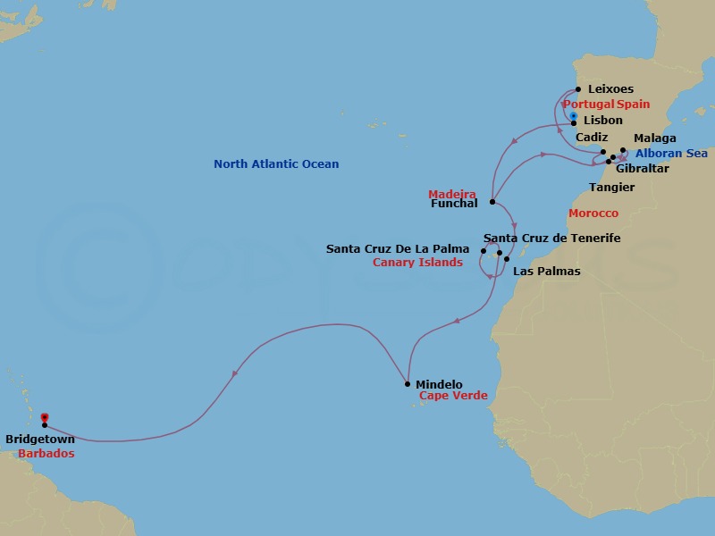 25 Night - Caribbean from Lisbon to Bridgetown - Silver Ray - Starting in Lisbon, Funchal, Gibraltar, Malaga, Tangier, Cadiz, Oporto, Lisbon, Funchal, Las Palmas, Santa Cruz de La Palma, Santa Cruz de Tenerife, Mindelo, Bridgetown itinerary map