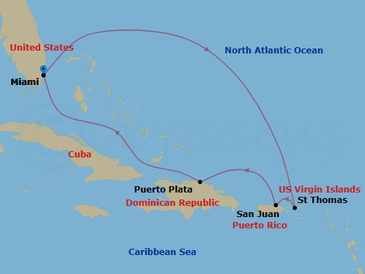 7 Night - Eastern Caribbean / Inaugural Sailing - Margaritaville Beachcomber - Starting in Miami, St Thomas, US Virgin Islands, San Juan, Puerto Rico, Puerto Plata, Dominican Republic, Miami itinerary map