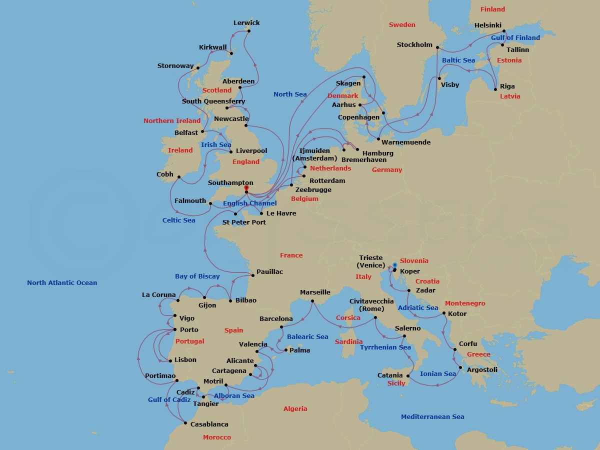 66 Night - Springing Into Summer - Oceania Marina - Starting in Trieste, Koper, Zadar, Kotor, Corfu, Argostoli (Cephalonia), Catania (Sicily), Salerno, Rome (Civitavecchia), Provence (Marseille), Barcelona, Palma De Mallorca, Valencia, Cartagena ES, Alicante, Granada (Motril), Tangier, Seville (Cadiz), Casablanca, Portimao, Oporto, Lisbon, Oporto, Santiago De Compostela (Vigo), La Coruna, Gijon, Spain, Bilbao, Bordeaux (Pauillac), St Peter Port, Guernsey, Paris (Le Havre), Rotterdam, Ijmuiden, Hamburg (Bremerhaven), Hamburg, Bruges (Zeebrugge), London (Southampton), Newcastle UK, Edinburgh (South Queensferry), Aberdeen, Lerwick (Shetland Islands), Kirkwall (Orkney Islands), Stornoway (Hebrides), Belfast, Liverpool, Cork (Cobh), Falmouth (Cornwall), London (Southampton), Skagen, Copenhagen, Stockholm, Helsinki, Tallinn, Riga, Visby, Sweden, Berlin (Warnemunde), Aarhus, London (Southampton) itinerary map
