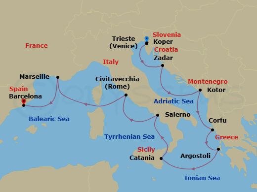 11 Night - Treasures Through Time - Oceania Marina - Starting in Trieste, Koper, Zadar, Kotor, Corfu, Argostoli (Cephalonia), Catania (Sicily), Salerno, Rome (Civitavecchia), Provence (Marseille), Barcelona itinerary map