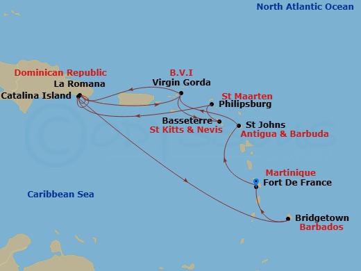 14 Night - South Caribbean - MSC Opera - Starting in Fort-de-France, Martinique, St Johns AG, Antigua, Virgin Gorda, British Virgin Islands, La Romana, Dominican Republic, Samana Bay, Dominican Republic, Virgin Gorda, British Virgin Islands, Basseterre, St Kitts and Nevis, Philipsburg, St Maarten, Catalina Island, Dominican Republic, La Romana, Dominican Republic, Catalina Island, Dominican Republic, Bridgetown, Barbados, Fort-de-France, Martinique itinerary map