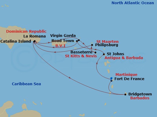 14 Night - Caribbean and Antilles - MSC Opera - Starting in Fort-de-France, Martinique, St Johns AG, Antigua, Road Town (Tortola), British Virgin Islands, La Romana, Dominican Republic, Samana Bay, Dominican Republic, Virgin Gorda, British Virgin Islands, Basseterre, St Kitts and Nevis, Philipsburg, St Maarten, Catalina Island, Dominican Republic, La Romana, Dominican Republic, Catalina Island, Dominican Republic, Bridgetown, Barbados, Fort-de-France, Martinique itinerary map