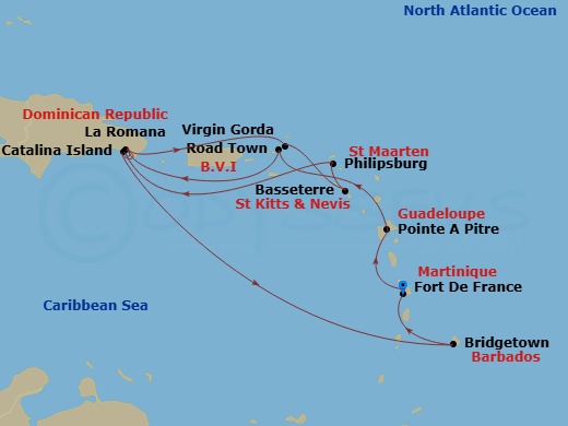 14 Night - Caribbean and Antilles - MSC Opera - Starting in Fort-de-France, Martinique, Pointe-A-Pitre, Guadeloupe, Road Town (Tortola), British Virgin Islands, La Romana, Dominican Republic, Samana Bay, Dominican Republic, Virgin Gorda, British Virgin Islands, Basseterre, St Kitts and Nevis, Philipsburg, St Maarten, Catalina Island, Dominican Republic, La Romana, Dominican Republic, Catalina Island, Dominican Republic, Bridgetown, Barbados, Fort-de-France, Martinique itinerary map