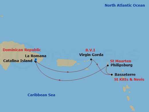 7 Night - South Caribbean - MSC Opera - Starting in La Romana, Dominican Republic, Samana Bay, Dominican Republic, Virgin Gorda, British Virgin Islands, Basseterre, St Kitts and Nevis, Philipsburg, St Maarten, Catalina Island, Dominican Republic, La Romana, Dominican Republic itinerary map