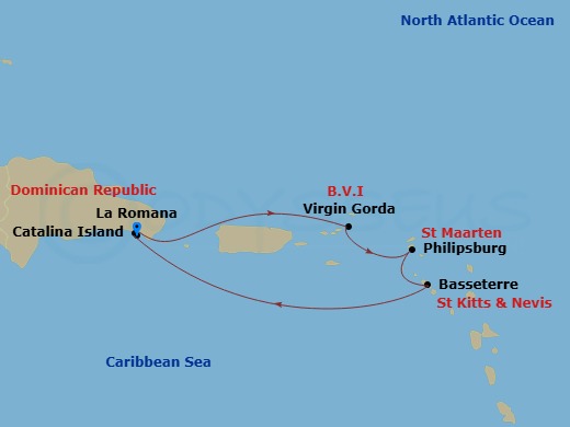7 Night - South Caribbean - MSC Opera - Starting in La Romana, Dominican Republic, Samana Bay, Dominican Republic, Virgin Gorda, British Virgin Islands, Philipsburg, St Maarten, Basseterre, St Kitts and Nevis, Catalina Island, Dominican Republic, La Romana, Dominican Republic itinerary map