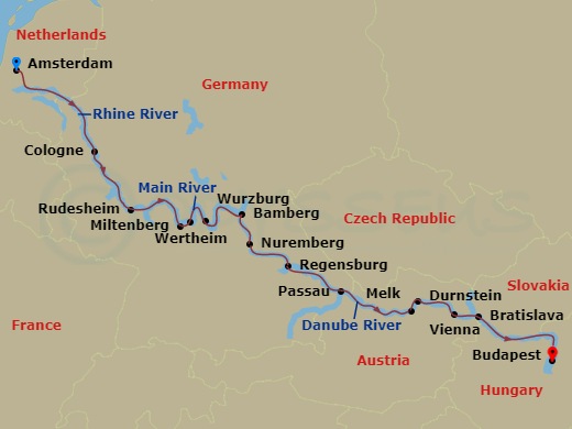 14 Night - Splendours of Europe - Emerald Dawn - Starting in Amsterdam (Utrecht), Amsterdam, Cologne, Rudesheim, Miltenberg / Wertheim, Wurzburg, Bamberg, Nuremberg, Regensburg, Passau, Melk / Durnstein, Vienna, Bratislava, Budapest itinerary map