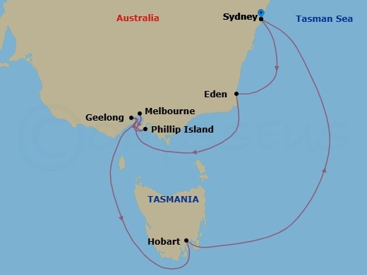 10 Night - An Aussie Celebration - Seven Seas Explorer - Starting in Sydney AU, Eden, Cruising the Bass Strait, Melbourne, Phillip Island, Geelong, Cruising the Tasman Sea, Hobart (Tasmania), Cruising the Tasman Sea, Sydney AU itinerary map