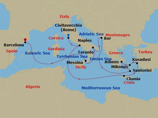 14 Night - Mediterranean with Greece, Turkey, & Adriatic - Sun Princess - Starting in Civitavecchia (for Rome), Italy, Naples, Italy (for Capri and Pompeii), Crete (Chania), Greece, Kusadasi, Turkey (for Ephesus), Mykonos, Greece, Athens (Piraeus), Greece, Santorini, Greece, Montenegro, Taranto, Italy, Sicily (Messina), Italy, Barcelona, Spain itinerary map