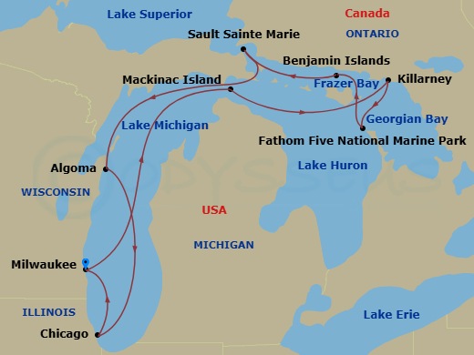 9 Night - Great Lakes Treasures - Viking Octantis - Starting in Milwaukee, Wisconsin, Mackinac Island, Michigan, Georgian Bay (Killarney), Ontario, Georgian Bay (Frazer Bay), Ontario, Fathom Five National Marine Park, Ontario, The Benjamin Islands North Channel, Sault Sainte Marie, Michigan, Door Peninsula (Algoma), Wisconsin, Chicago, Illinois, Milwaukee, Wisconsin itinerary map