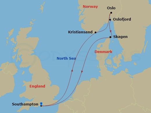 7 Night - Norwegian Fjords with Michel Roux - Queen Anne - Starting in Southampton, England, UK, Kristiansand, Norway, Oslo, Norway, Oslofjord, Norway (Scenic Cruising), Skagen, Denmark, Southampton, England, UK itinerary map