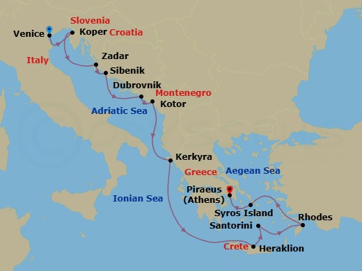 12 Night - Croatia & Greece Cruise : Dubrovnik, Corfu & Santorini - Azamara Quest - Starting in Venice, Koper, Zadar, Sibenik, Dubrovnik, Croatia, Kotor, Corfu, Heraklion, (Crete), Santorini, Rhodes, Syros, Athens (Piraeus) itinerary map