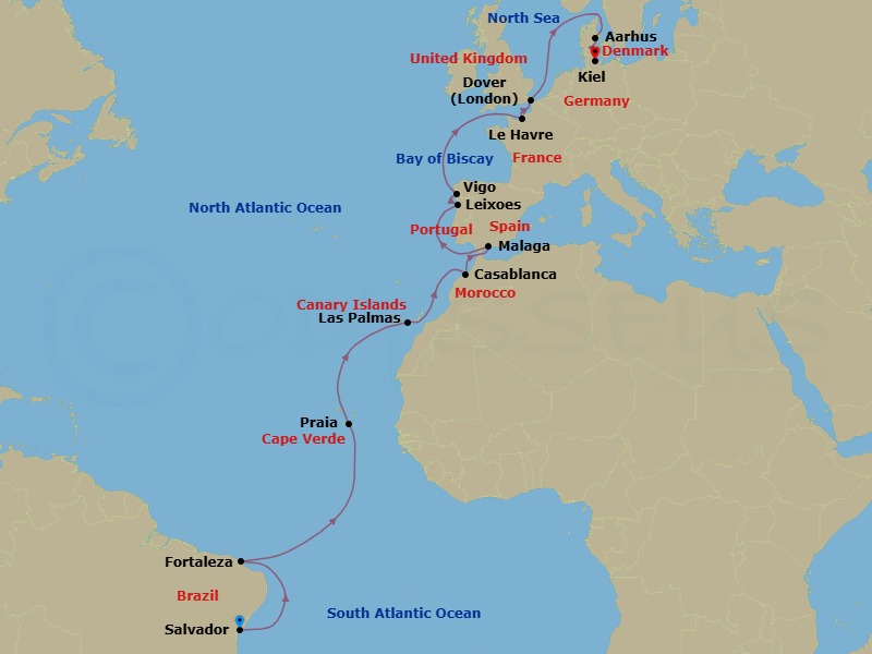 22 Night - Southern Europe from Salvador to Kiel - Costa Diadema - Starting in Salvador Bahia, Fortaleza, Praia, Las Palmas (Gran Canaria), Casablanca, Malaga, Leixoes (Porto), Vigo, Le Havre, Dover UK (London), Aarhus, Kiel itinerary map