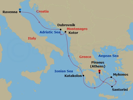 7 Night - Greek Isles & Italy - Norwegian Pearl - Starting in Venice (Ravenna), Italy, Dubrovnik, Croatia, Kotor, Montenegro, Olympia / Katakolon, Greece, Mykonos, Greece, Santorini Island, Greece, Piraeus / Athens, Greece itinerary map