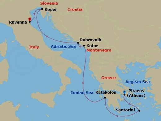 7 Night - Greek Isles & Italy - Norwegian Pearl - Starting in Piraeus / Athens, Greece, Santorini Island, Greece, Olympia / Katakolon, Greece, Kotor, Montenegro, Dubrovnik, Croatia, Koper, Slovenia, Venice (Ravenna), Italy itinerary map