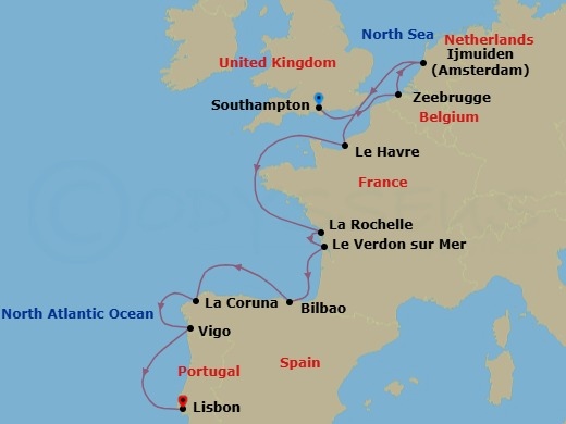 10 Night - Europe - Norwegian Star - Starting in London (Southampton), United Kingdom, Zeebrugge / Brussels / Brugge, Belgium, Amsterdam / Ijmuiden, Netherlands, Le Havre / Paris, France, La Rochelle, France, Le Verdon Bordeaux, France, Bilbao, La Coruna, Spain, Vigo, Spain, Lisbon, Portugal itinerary map