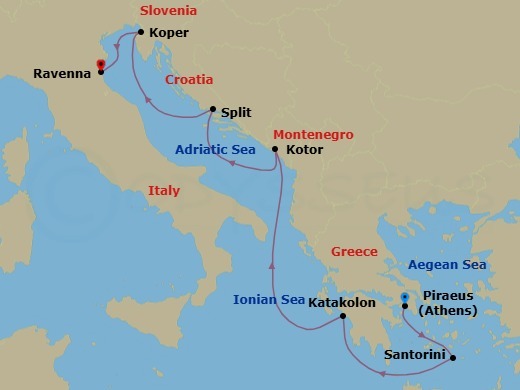 7 Night - Greek Isles & Italy - Norwegian Pearl - Starting in Piraeus / Athens, Greece, Santorini Island, Greece, Olympia / Katakolon, Greece, Kotor, Montenegro, Split, Croatia, Koper, Slovenia, Venice (Ravenna), Italy itinerary map